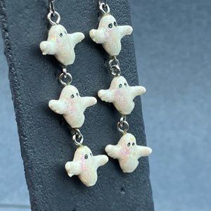 Dangle Pierced Earrings Ghost Triple Sparkle White Silver Halloween Haunted Cute